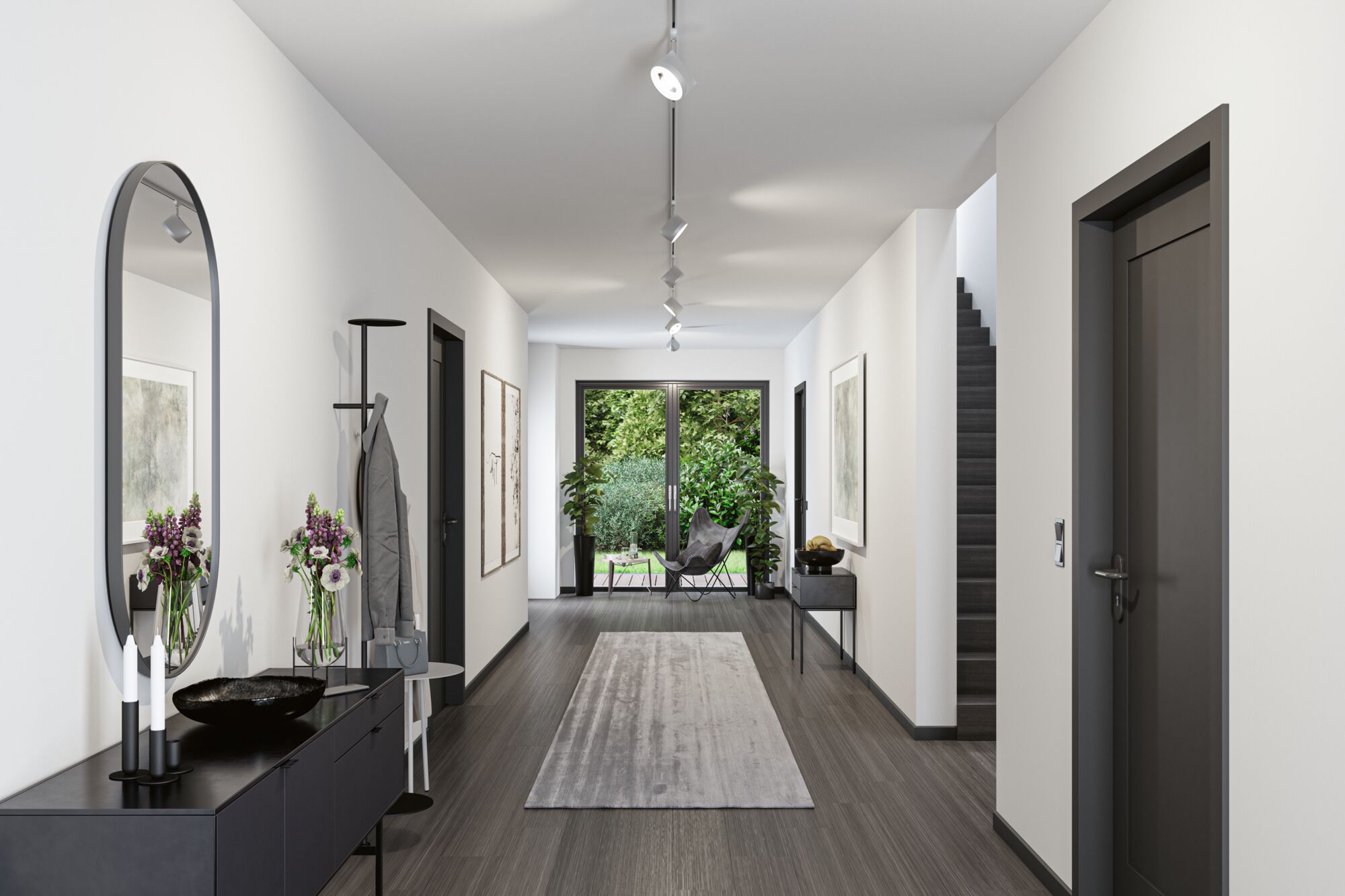Moderner Flur mit grauem Boden, weißen Wänden, schwarzem Sideboard und Deckenstrahlern für Wohnraumbeleuchtung