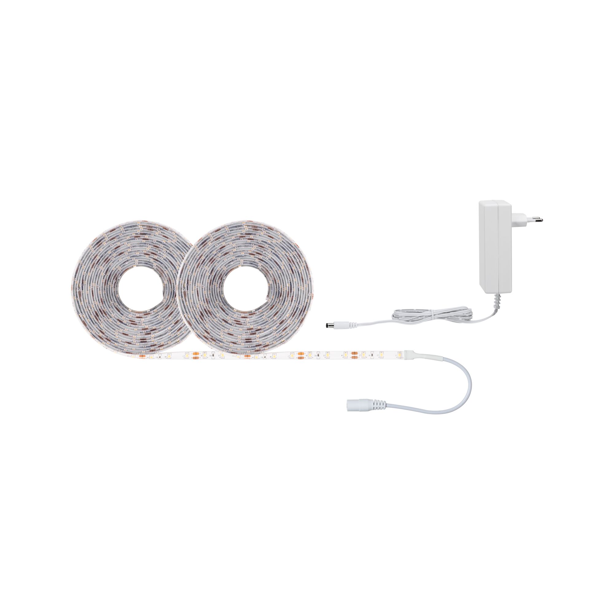 Deux bandes LED blanches avec adaptateur secteur pour solutions d'éclairage intérieur flexibles.
