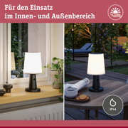 Schwarze Tischlampe mit weißem Lampenschirm aus Kunststoff, geeignet für Innen- und Außenbereich mit IP44 Schutz