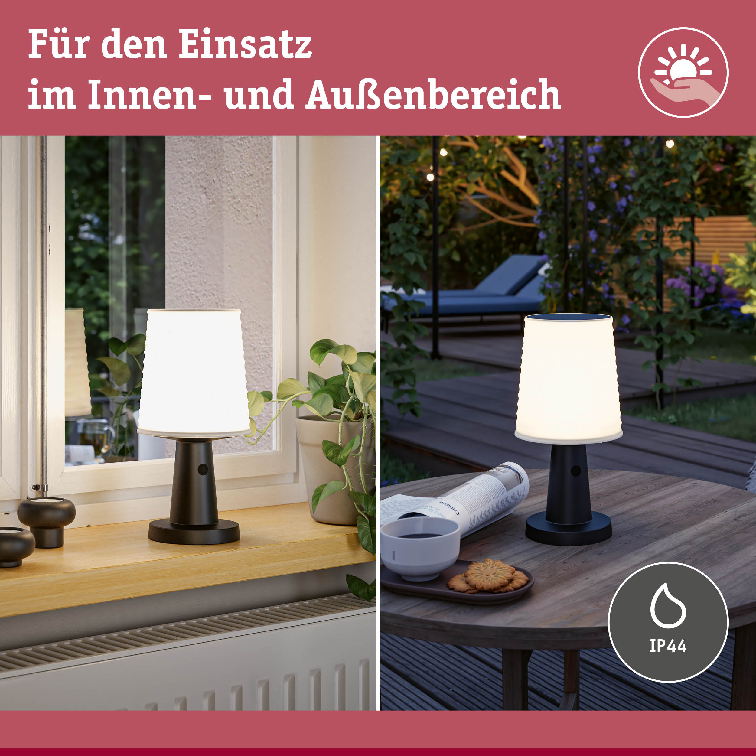 Schwarze Tischlampe mit weißem Lampenschirm aus Kunststoff, geeignet für Innen- und Außenbereich mit IP44 Schutz