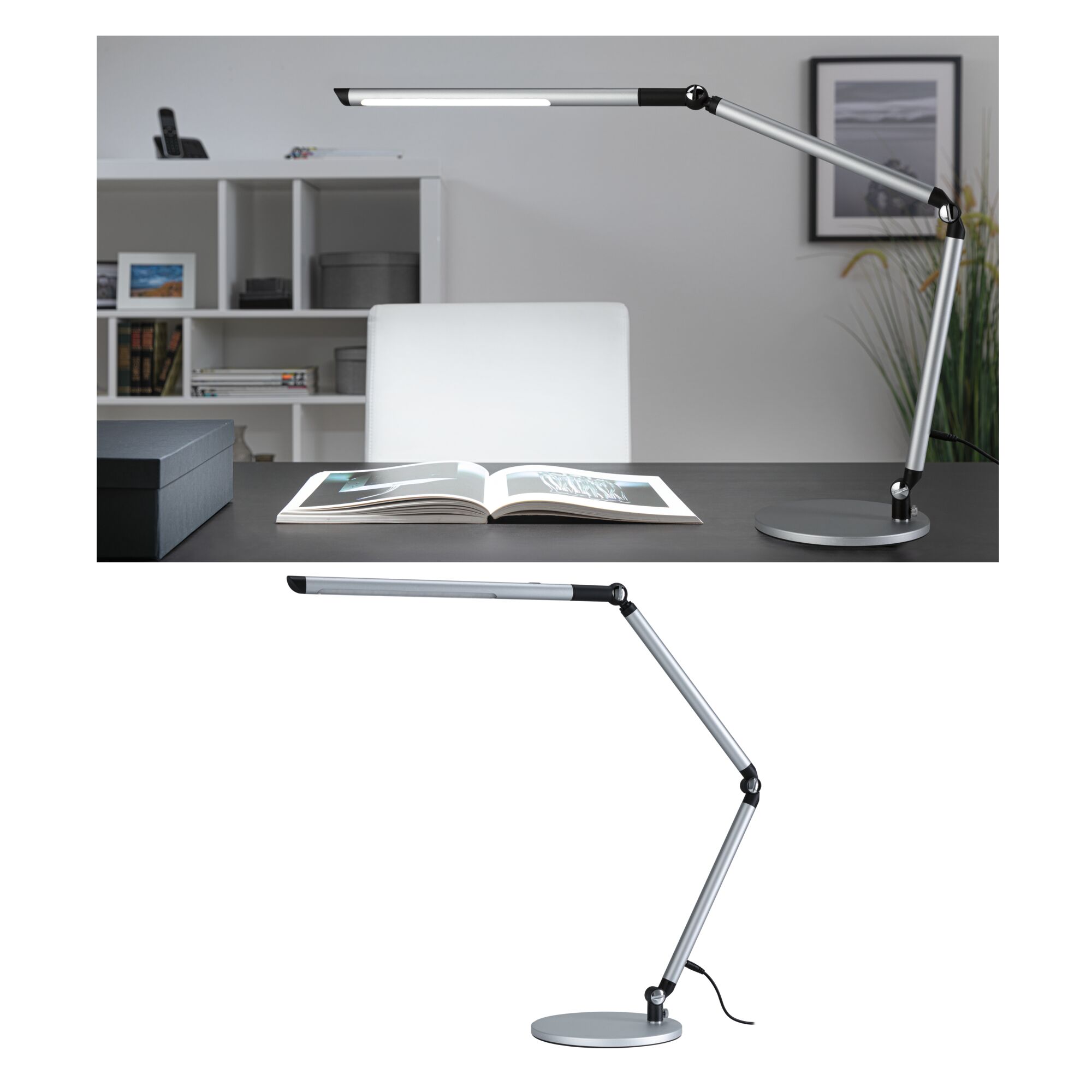 LED Schreibtischleuchte 3-Step-Dim FlexBar White Switch 700lm 9,5W Silber matt Moderne silberne LED-Schreibtischlampe mit verstellbarem Arm und rundem Sockel für Bürobeleuchtung