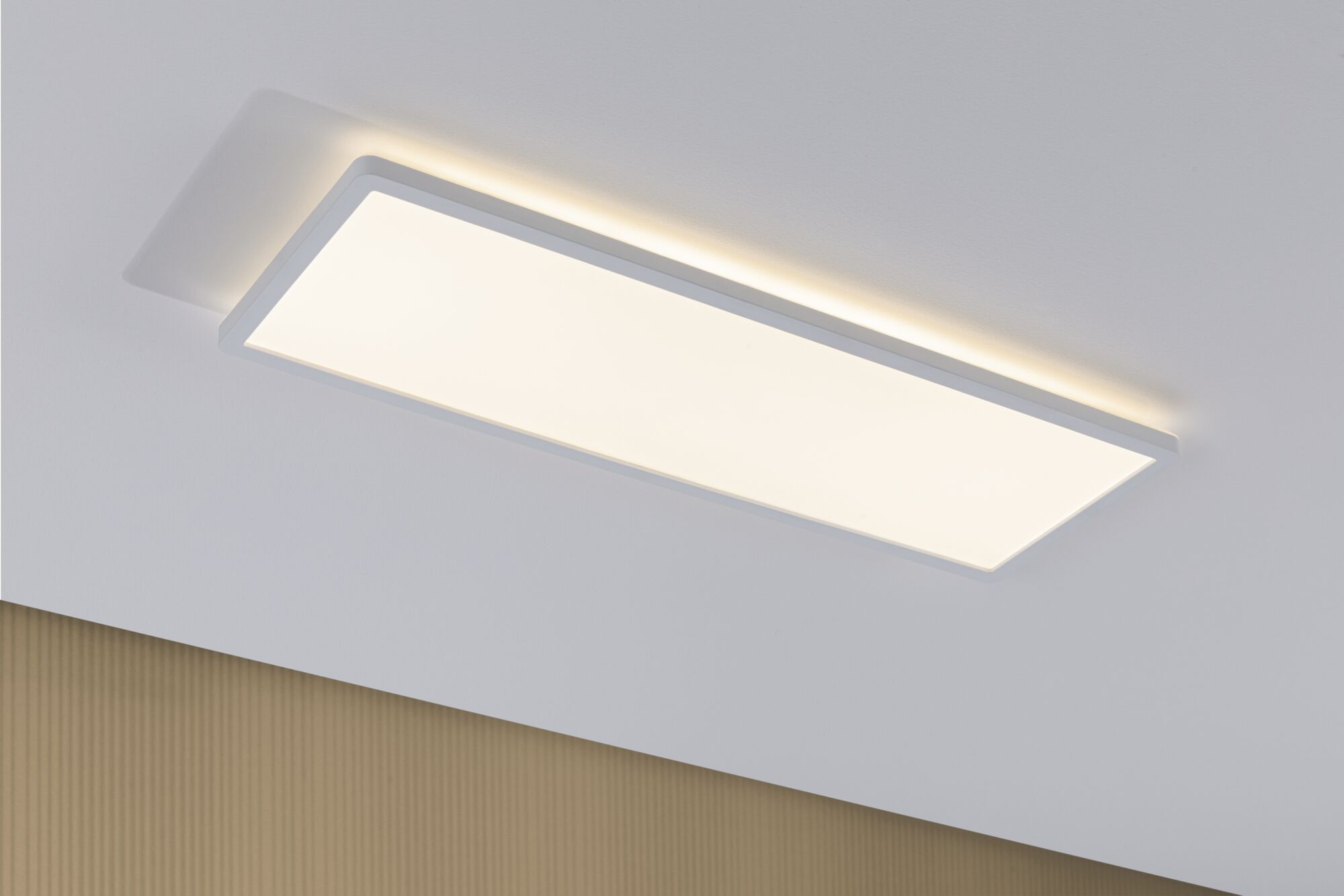 Rectangular white LED ceiling light with indirect lighting for modern room ambiance