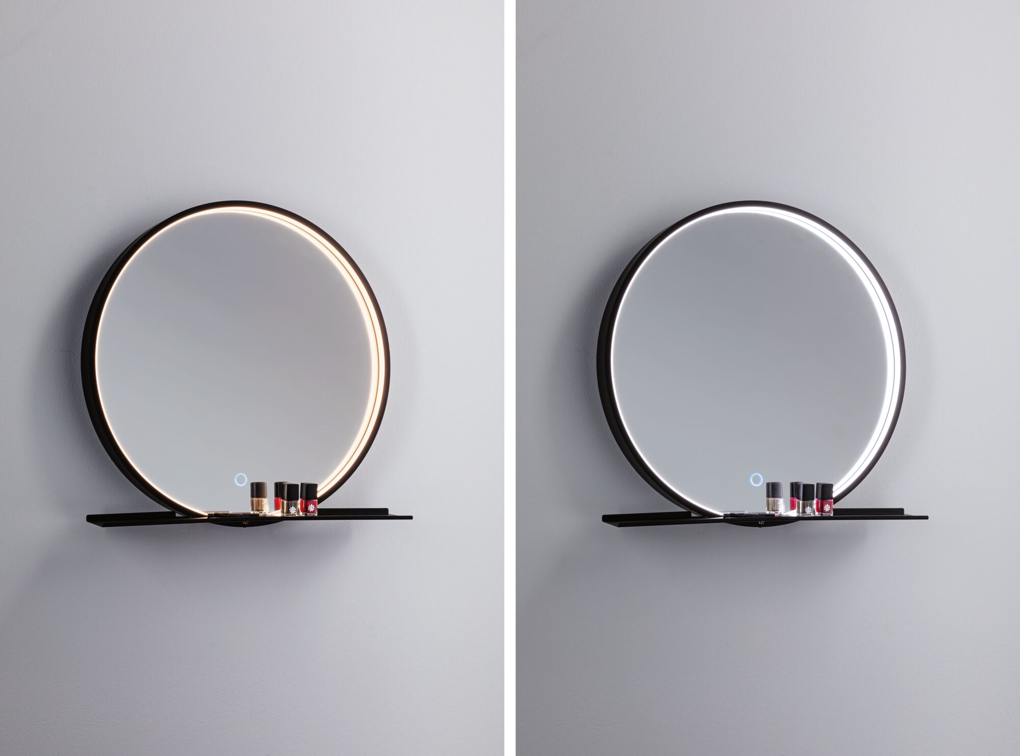 Ronde wandspiegel met zwart metalen frame en LED-verlichting in warm en koel wit met plank.