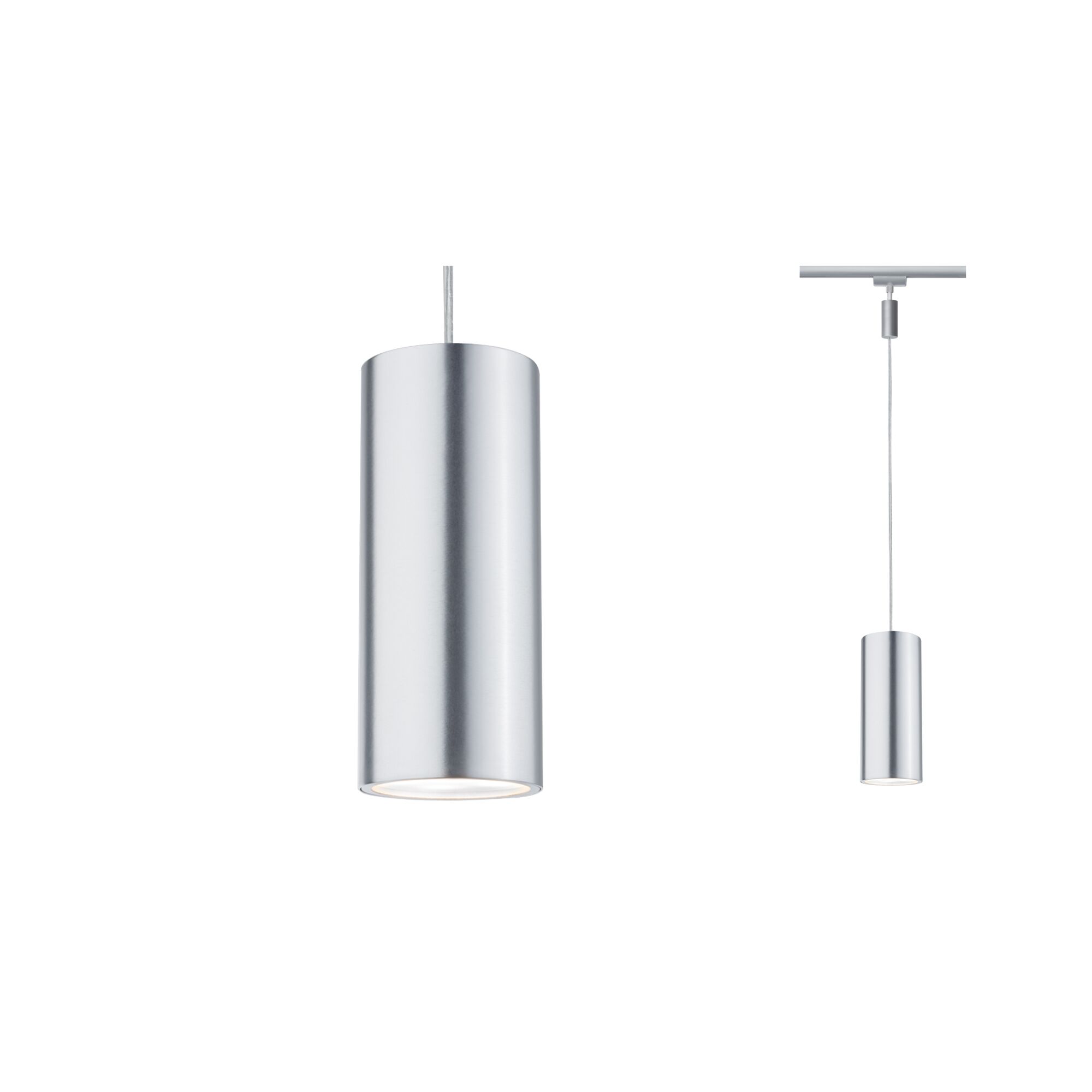 URail Pendants Barrel 370lm 6W 2700K 230V Chrome matt/Anodised aluminium Modern cylindrical aluminum pendant light in silver for stylish indoor lighting