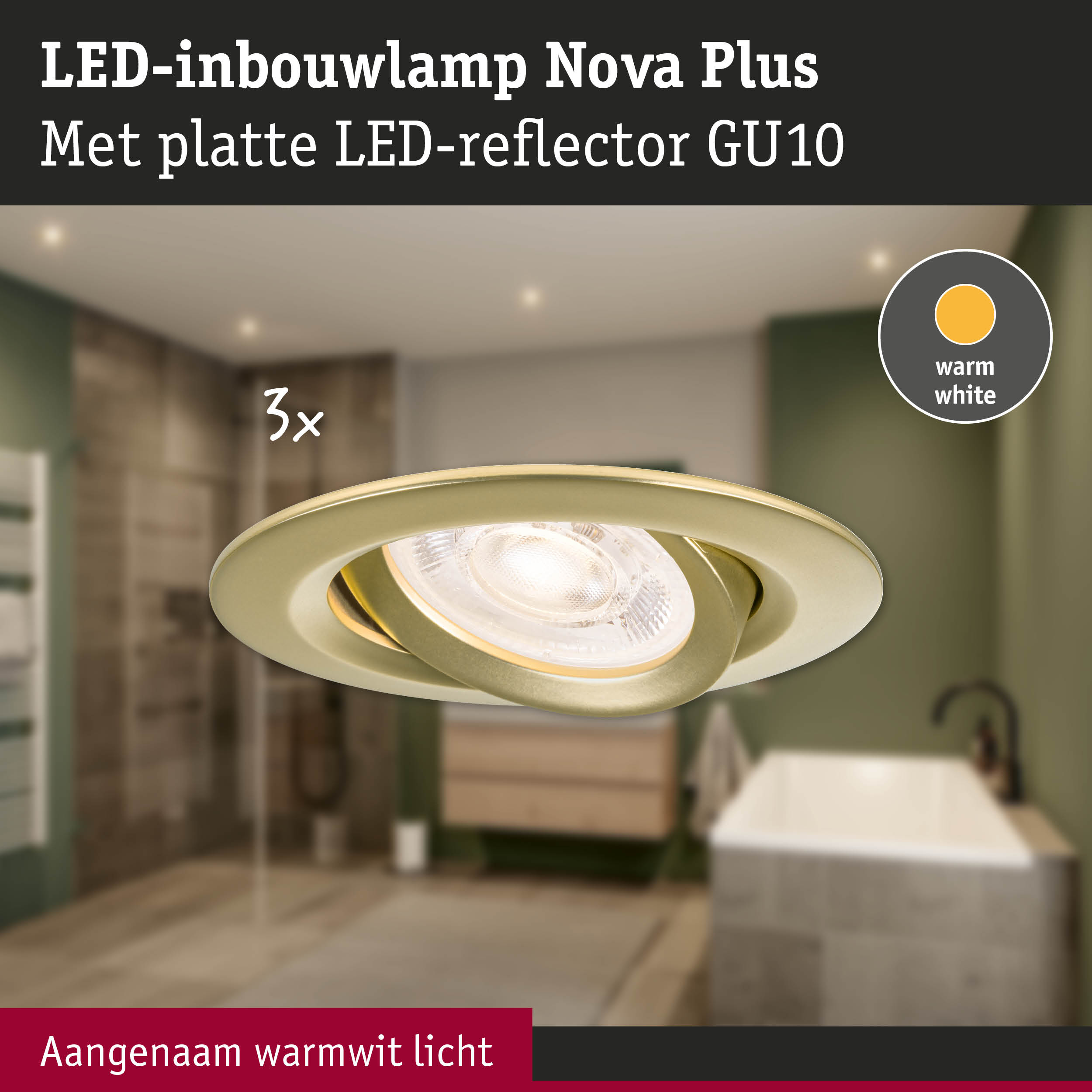 Gouden LED-inbouwlamp Nova Plus met warm wit licht, geschikt voor badkamerverlichting