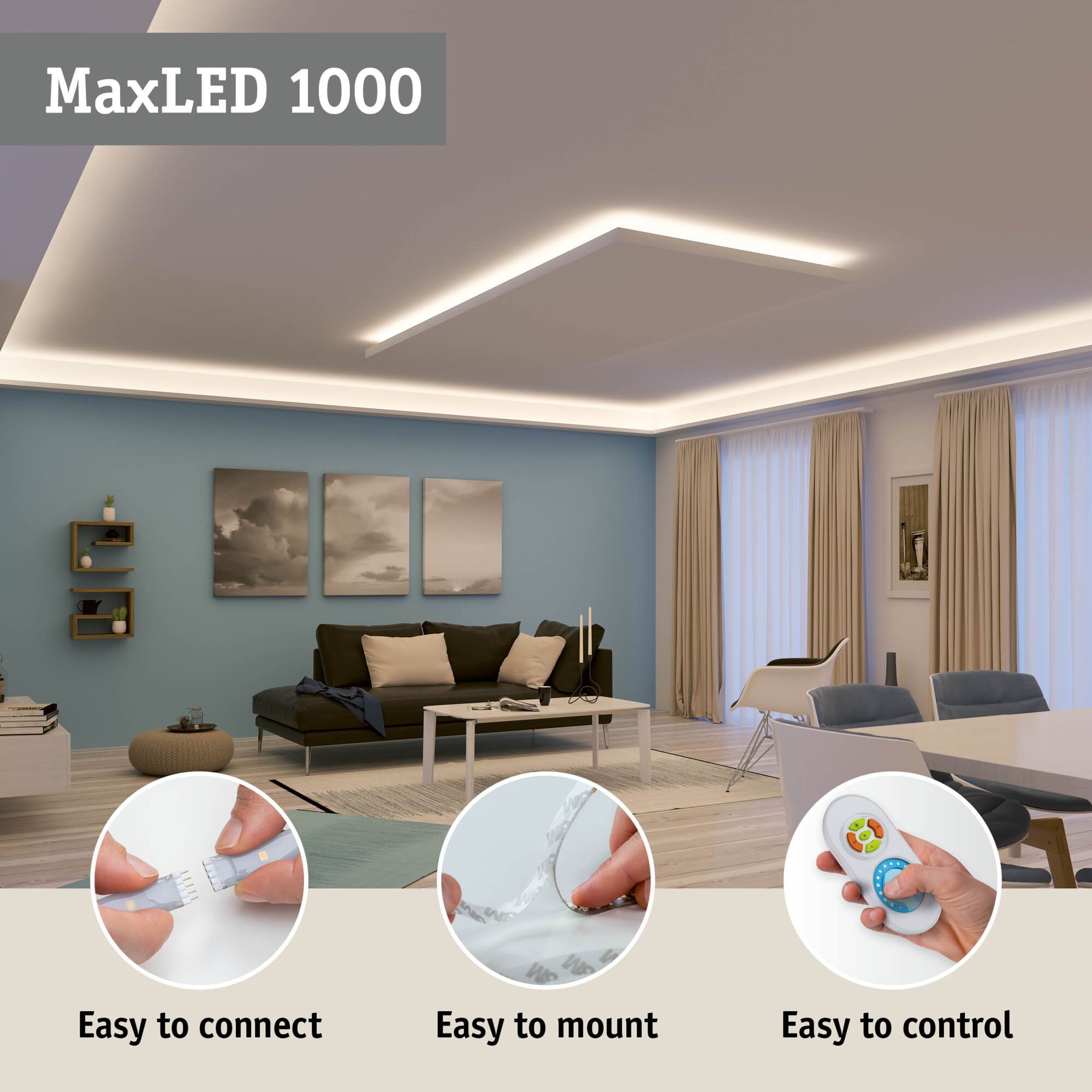 MaxLED 1000 white LED ceiling light with remote, easy to mount and connect, ideal for modern living rooms.