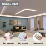 MaxLED 1000 white LED ceiling light with remote, easy to mount and connect, ideal for modern living rooms.