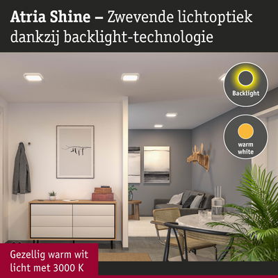 Woonkamer met Atria Shine LED-plafondlampen in warm wit licht en moderne inrichting