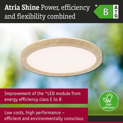 Atria Shine round LED ceiling light with wood frame, energy efficient and eco-friendly lighting