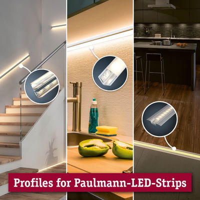 Three uses of Paulmann LED profiles in stairway, kitchen, and floor lighting with close-up views.