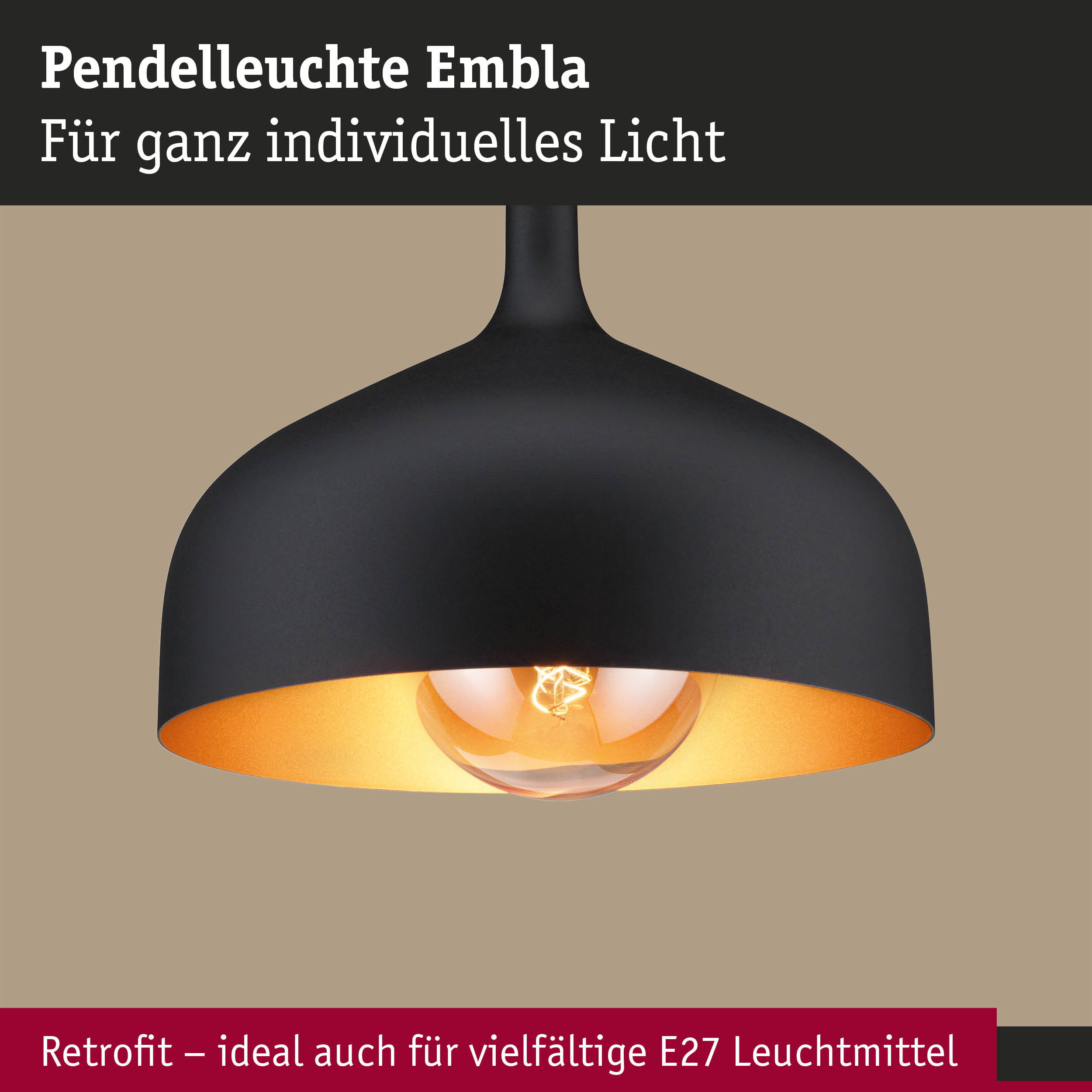 Schwarze Pendelleuchte Embla mit goldfarbenem Innenraum und E27 Fassung für vielfältige Leuchtmittel