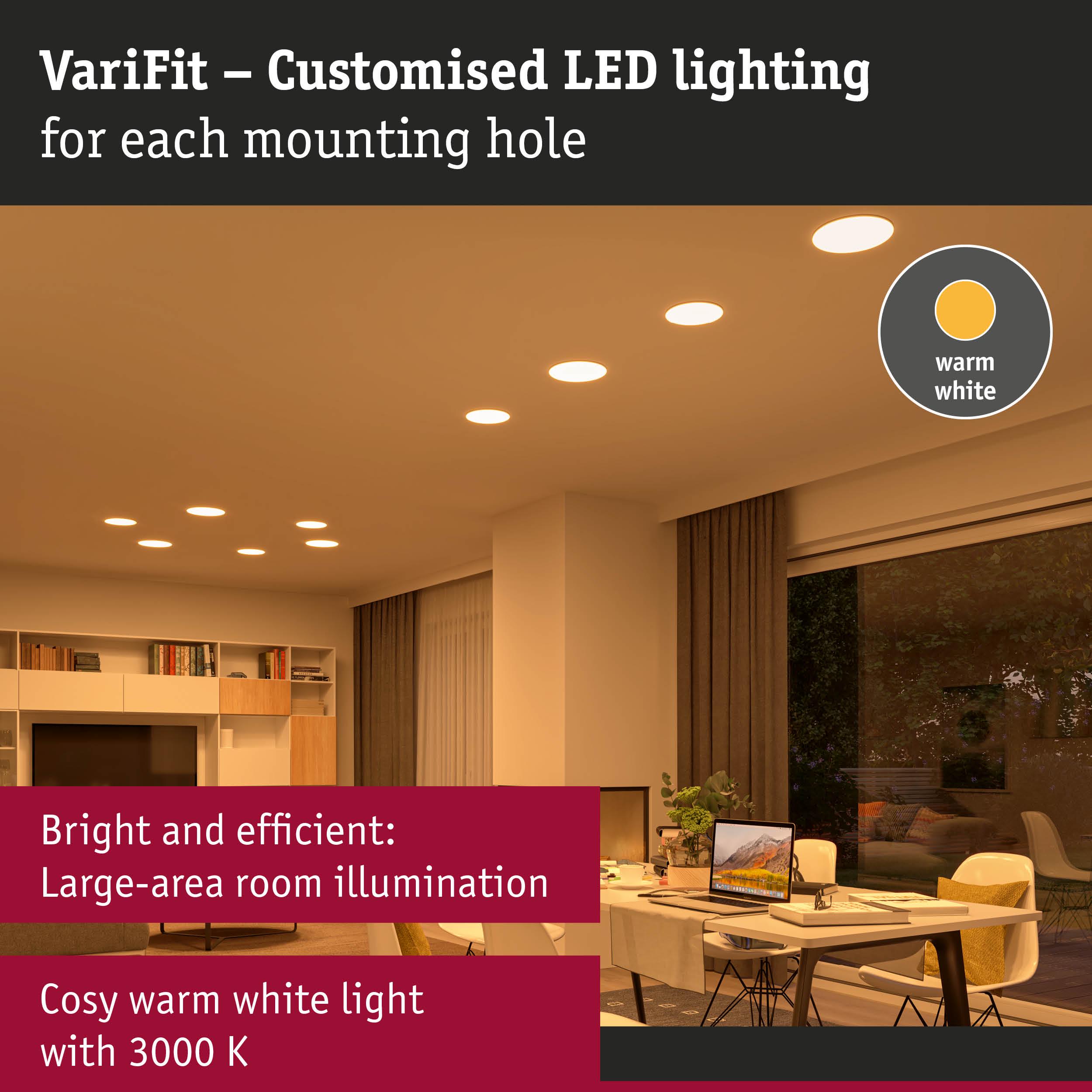 Living room with warm white LED ceiling lights providing bright, efficient large-area illumination at 3000 K