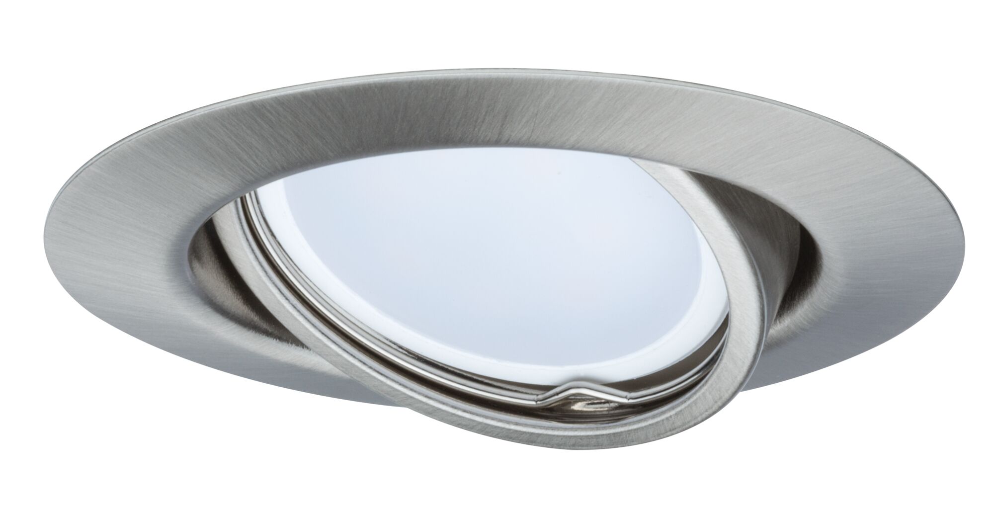 Rund schwenkbarer Einbaustrahler aus gebürstetem Edelstahl in Silber für moderne Innenbeleuchtung