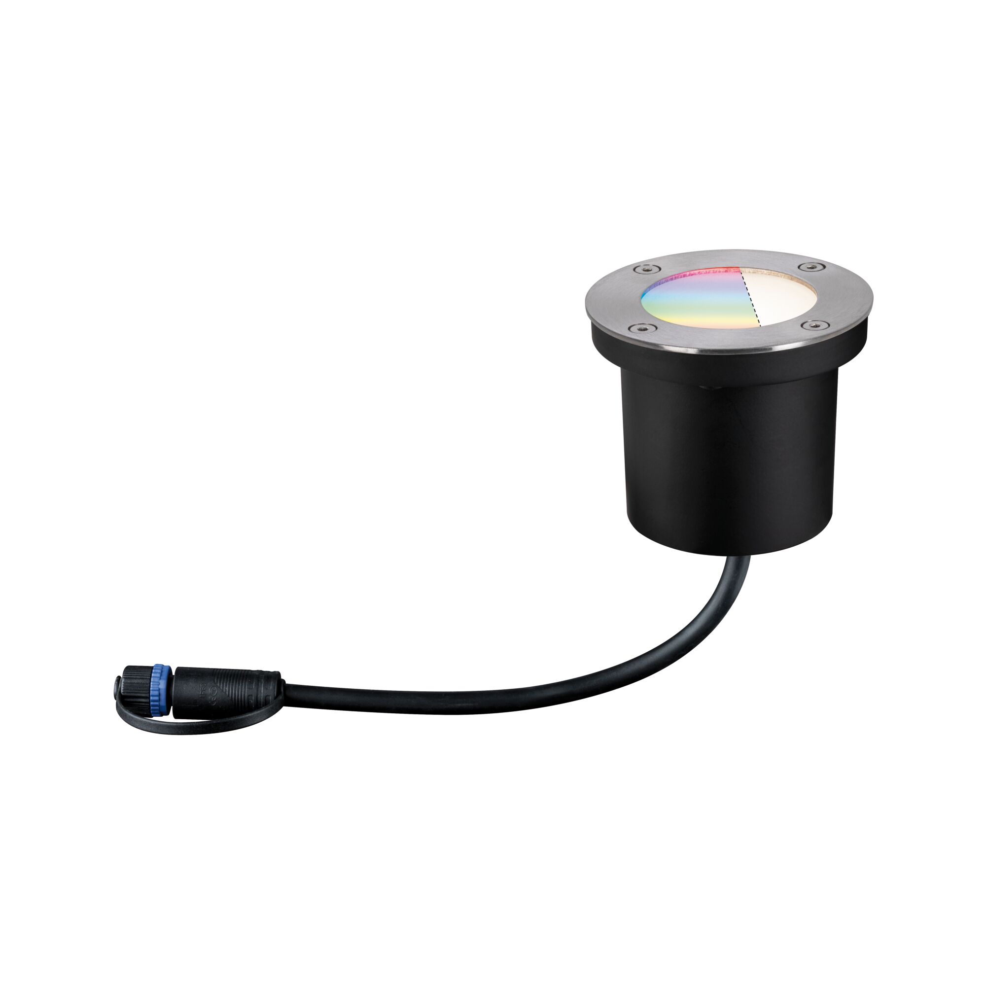 Round recessed floor spotlight with stainless steel and black plastic housing, cable connection for outdoor lighting