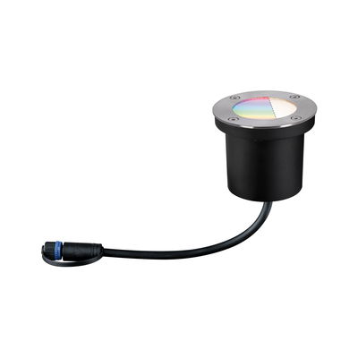 Round recessed floor spotlight with stainless steel and black plastic housing, cable connection for outdoor lighting