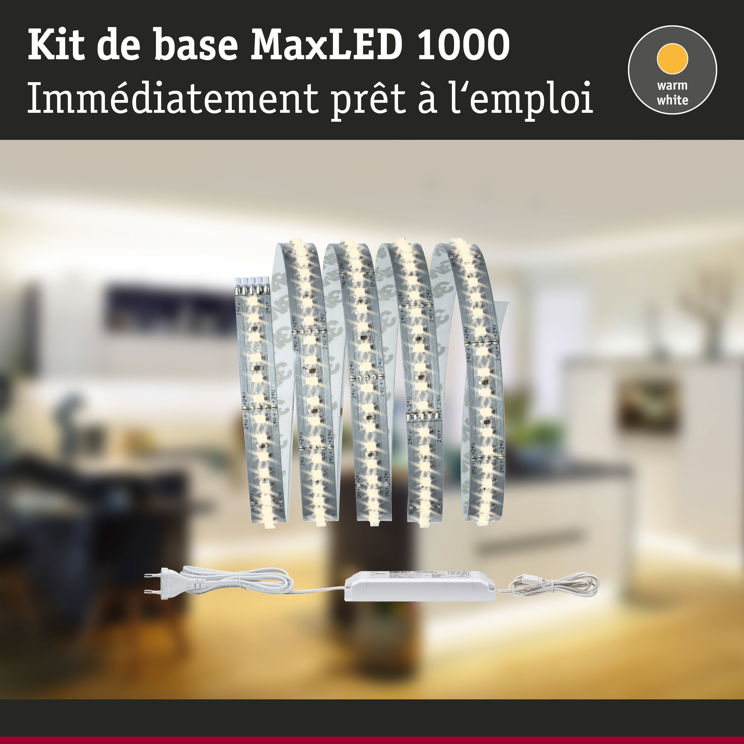 Kit de bande LED MaxLED 1000 lumière blanc chaud avec alimentation et câbles pour éclairage intérieur