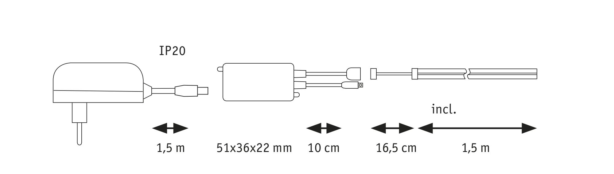 Technische Zeichnung eines Netzteils mit 1,5 m Kabel, 51x36x22 mm Abmessungen und IP20 Schutzart