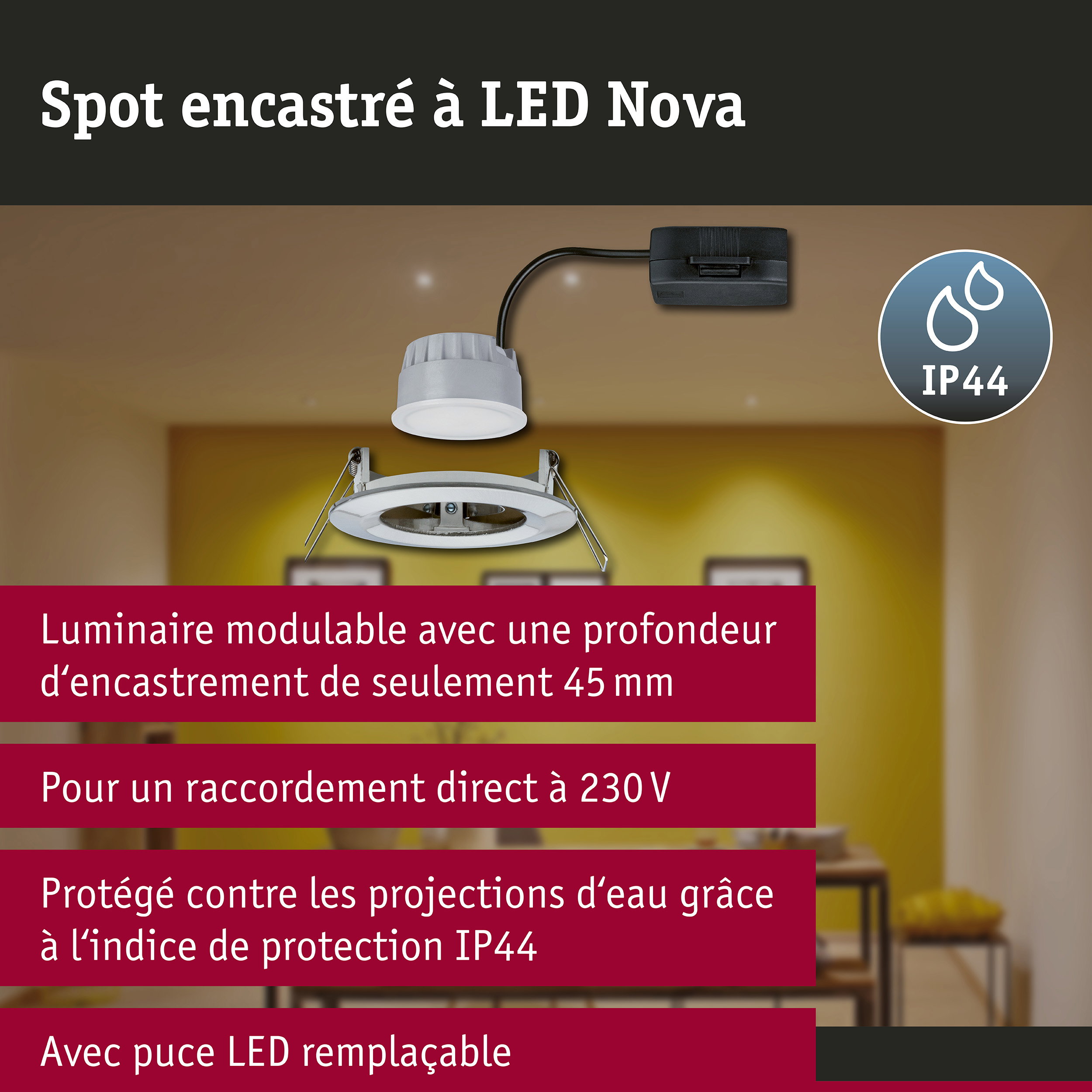 Spot encastré LED 3-Step-Dim Nova Coin fixe IP44 rond 78mm Coin 6W 470lm 230V gradable 2700K Acier brossé