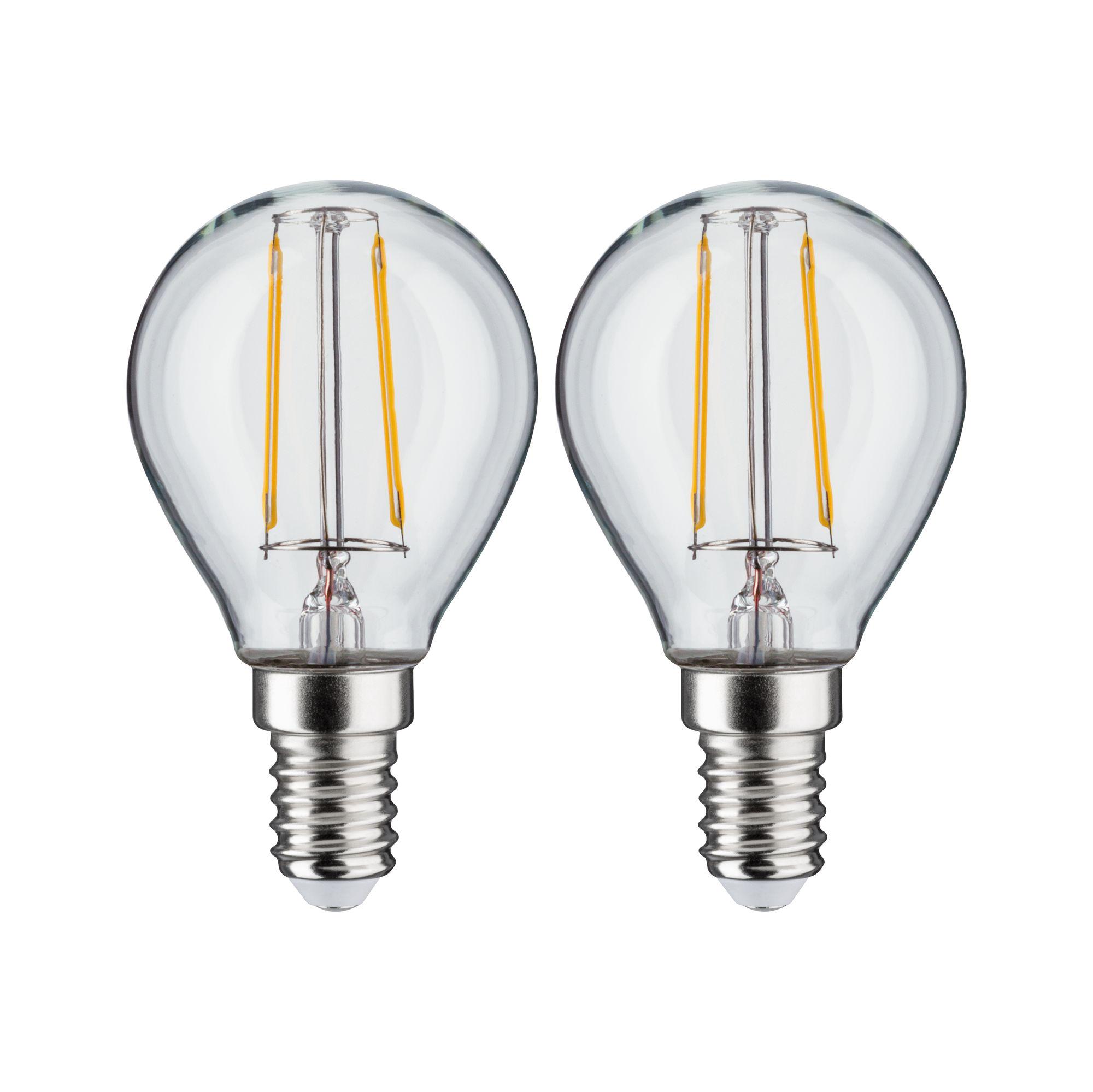 Zwei klare LED-Filament-Glühbirnen mit E14-Fassung und sichtbaren orangen Filamenten für energiesparende Beleuchtung
