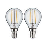 Zwei klare LED-Filament-Glühbirnen mit E14-Fassung und sichtbaren orangen Filamenten für energiesparende Beleuchtung