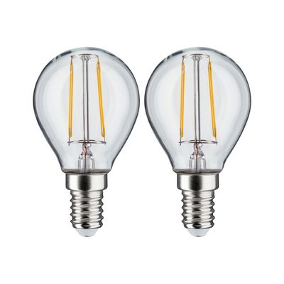Zwei klare LED-Filament-Glühbirnen mit E14-Fassung und sichtbaren orangen Filamenten für energiesparende Beleuchtung