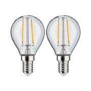 Zwei klare LED-Filament-Glühbirnen mit E14-Fassung und sichtbaren orangen Filamenten für energiesparende Beleuchtung