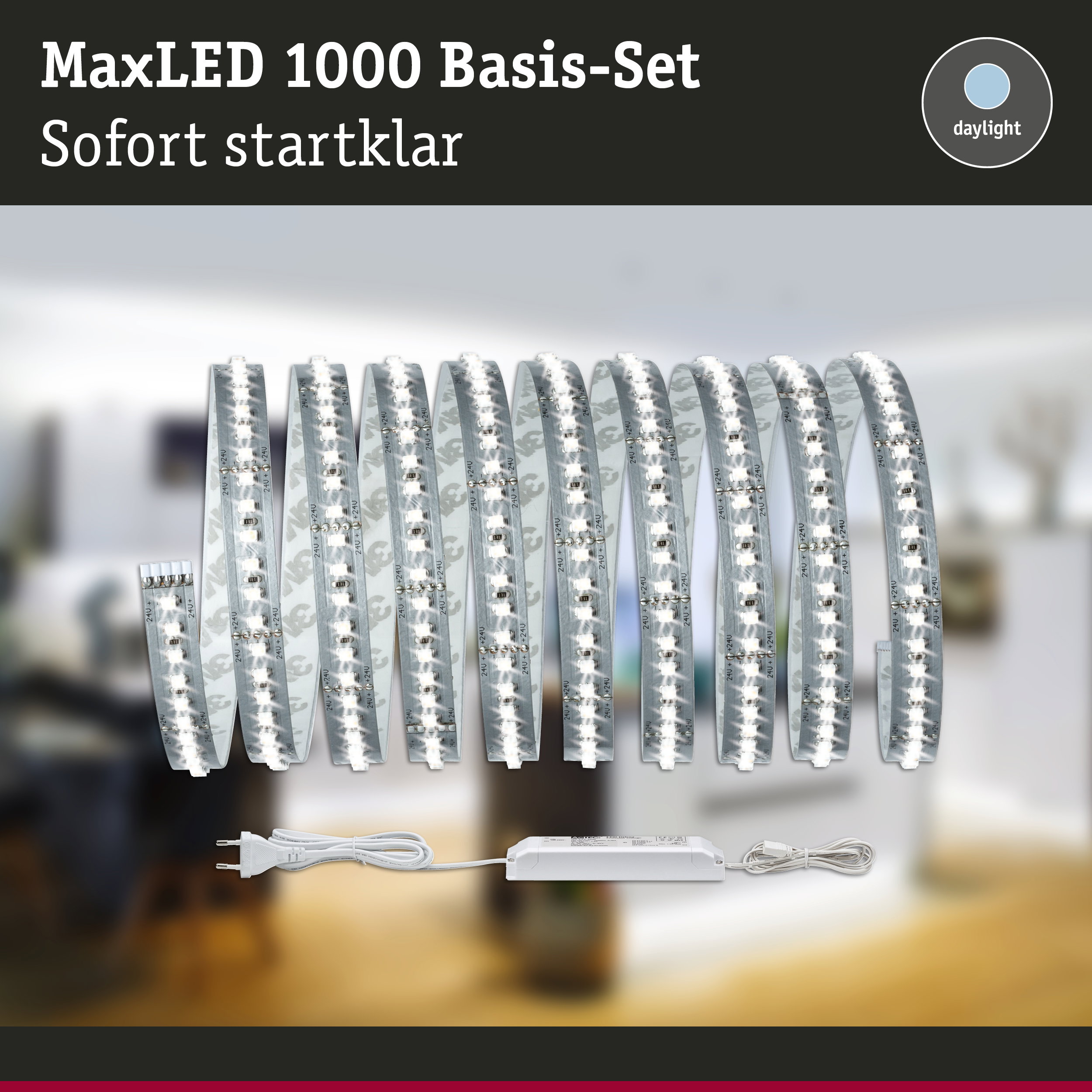 MaxLED 1000 Basis-Set mit flexiblen LED-Streifen in Tageslichtweiß und Netzteil für einfache Installation
