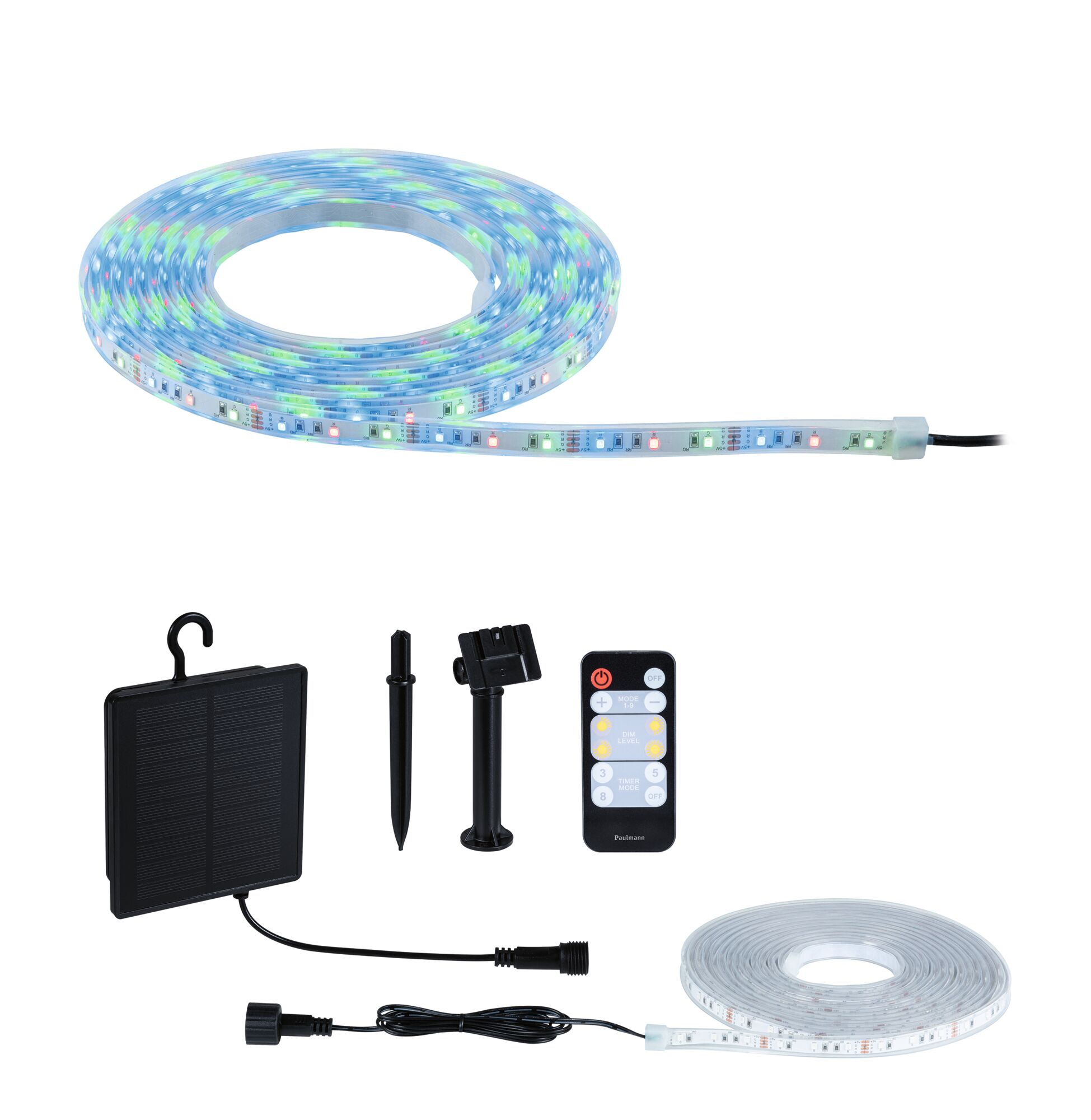 LED strip light with solar panel, remote control, and accessories for flexible outdoor lighting in white and RGB.