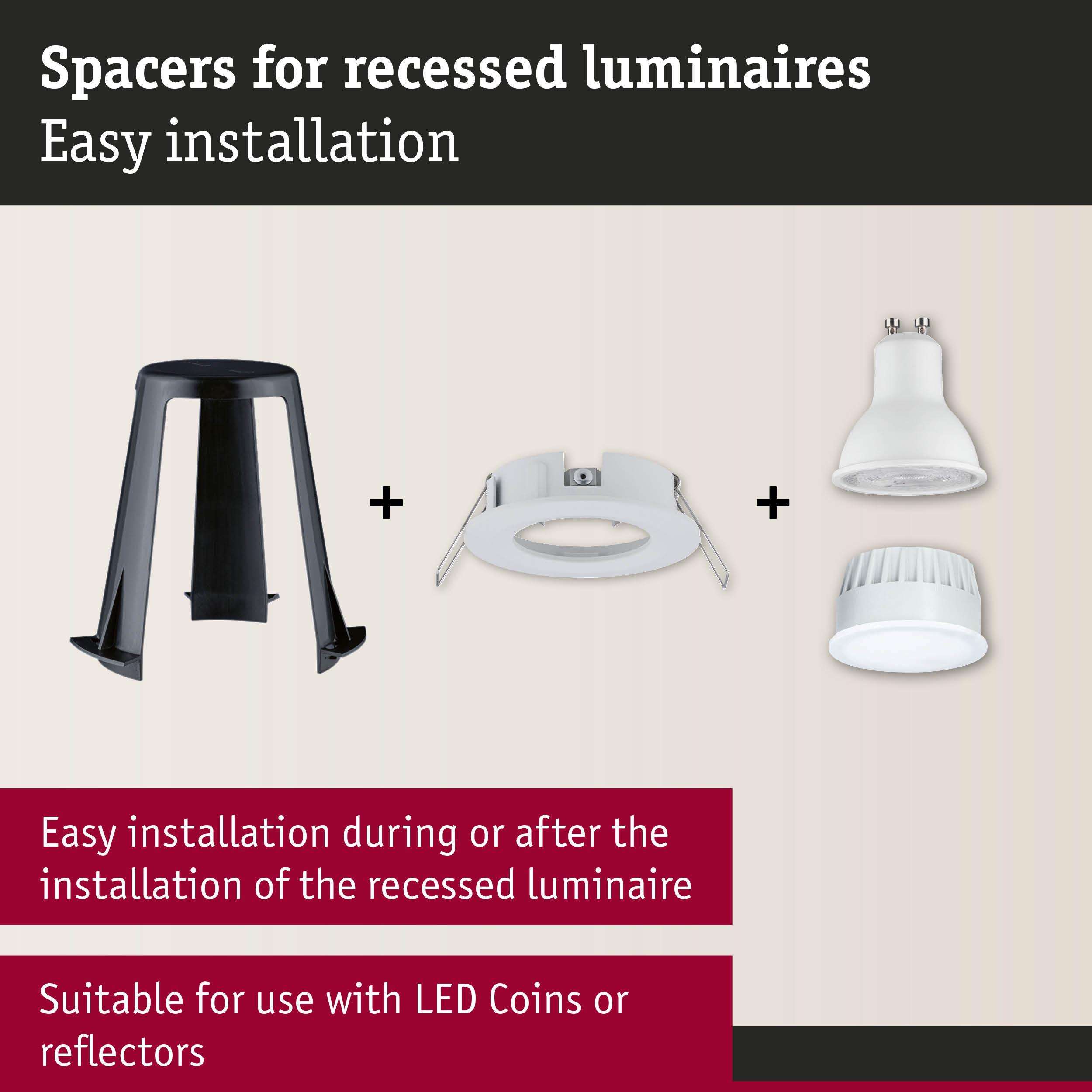 Black plastic spacer and white recessed frame for LED recessed luminaires with LED coins and reflectors