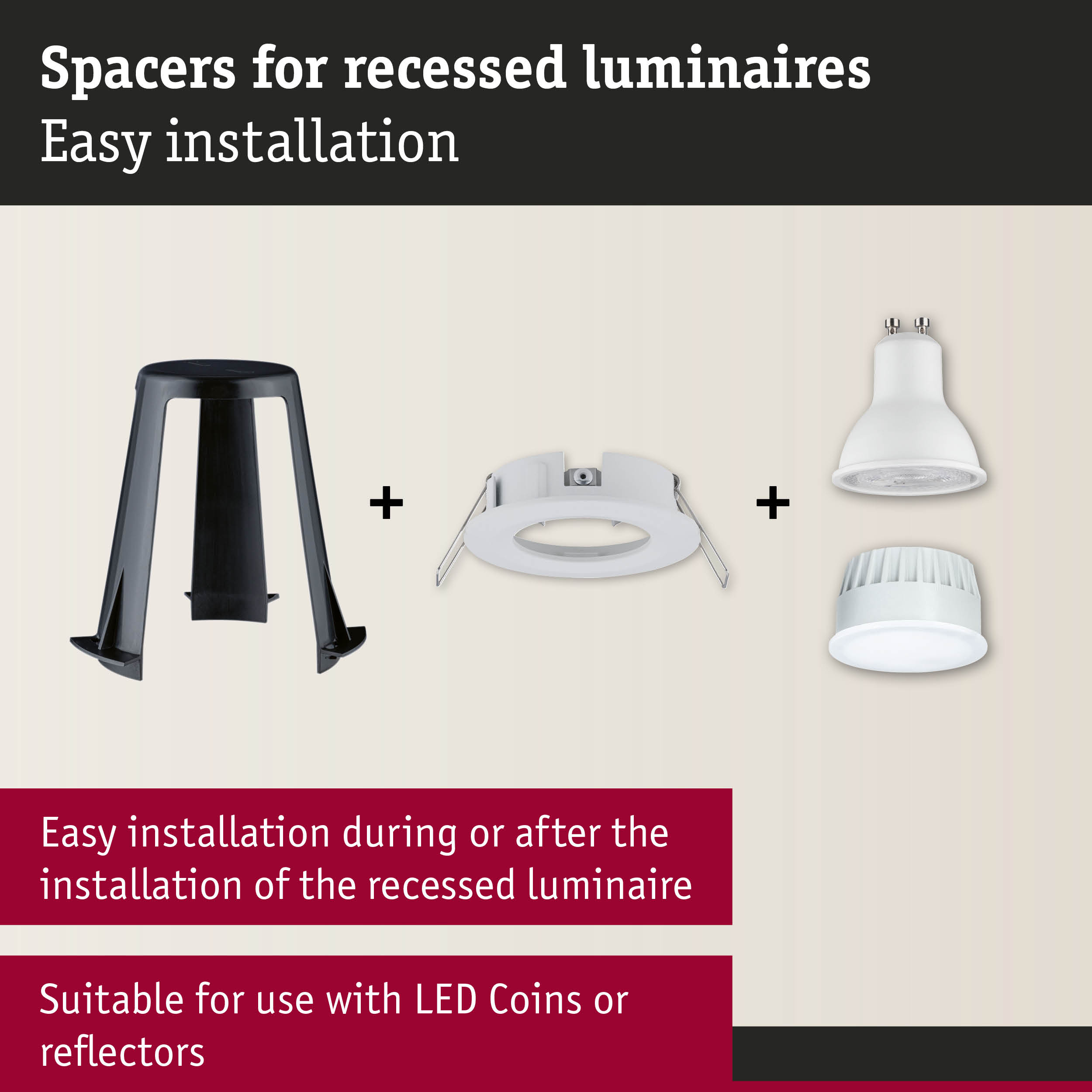 Black plastic spacer and white recessed LED luminaire frames for easy installation in ceilings