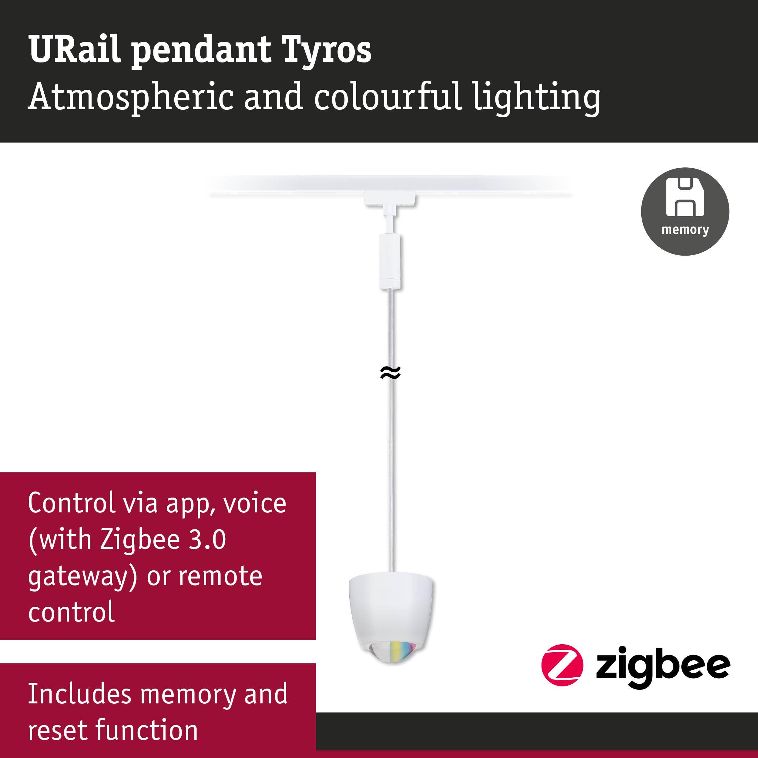 URail Tyros pendant light in white with Zigbee 3.0 control and memory function for atmospheric lighting