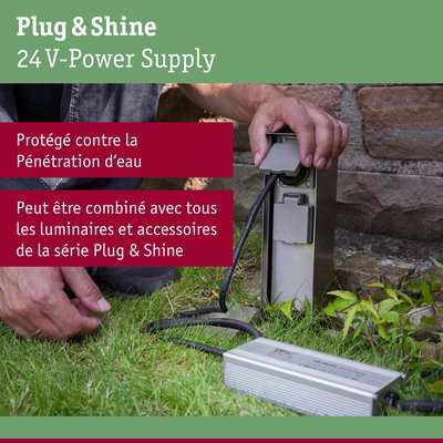 Alimentation 24V Plug & Shine en métal argenté avec protection contre l'eau pour éclairage extérieur