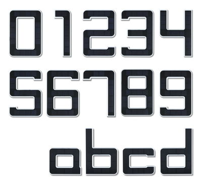 Black solar house numbers and letters made of plastic with white edges for outdoor lighting.