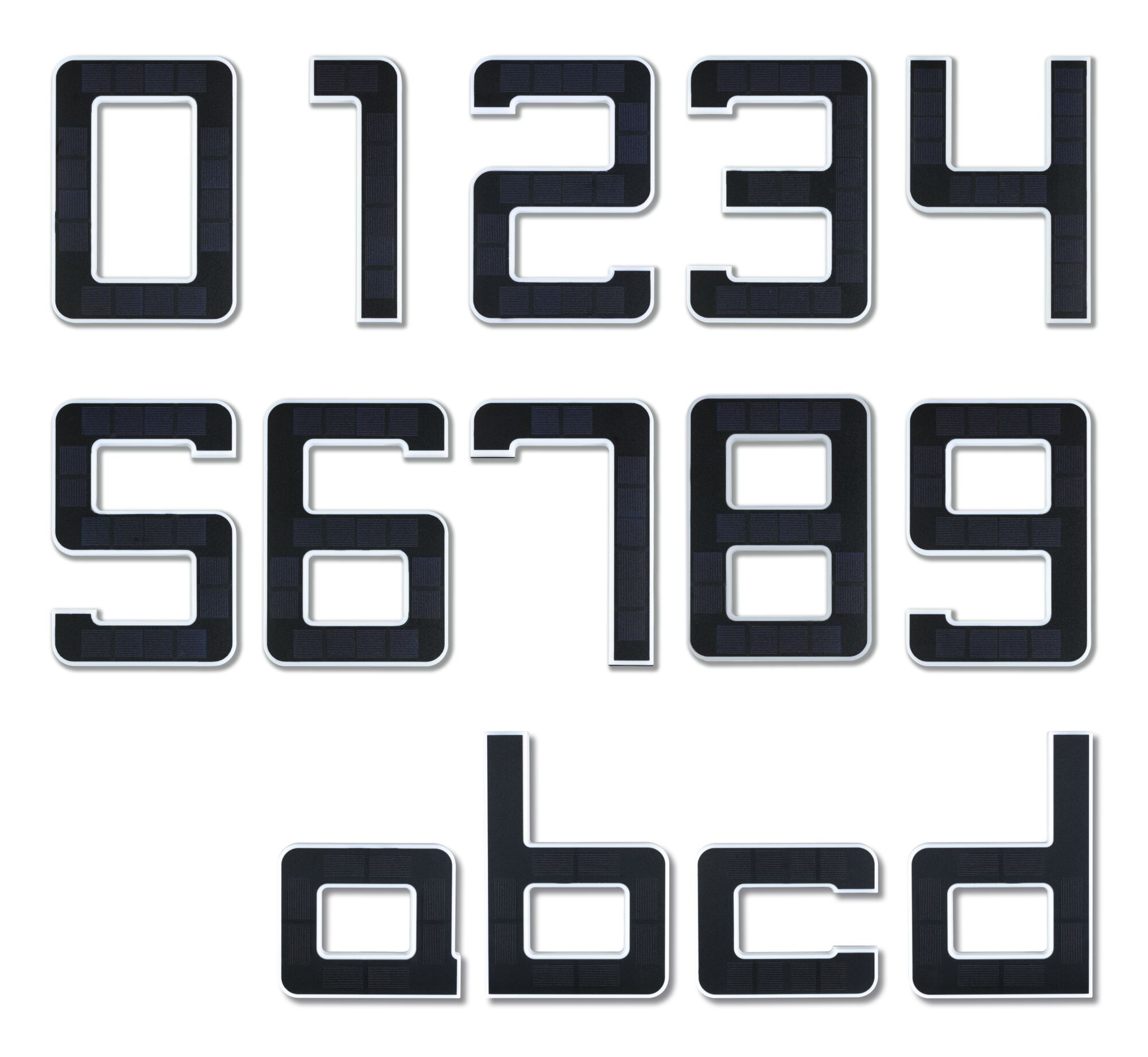 Black solar house numbers and letters made of plastic with white edges for outdoor lighting.