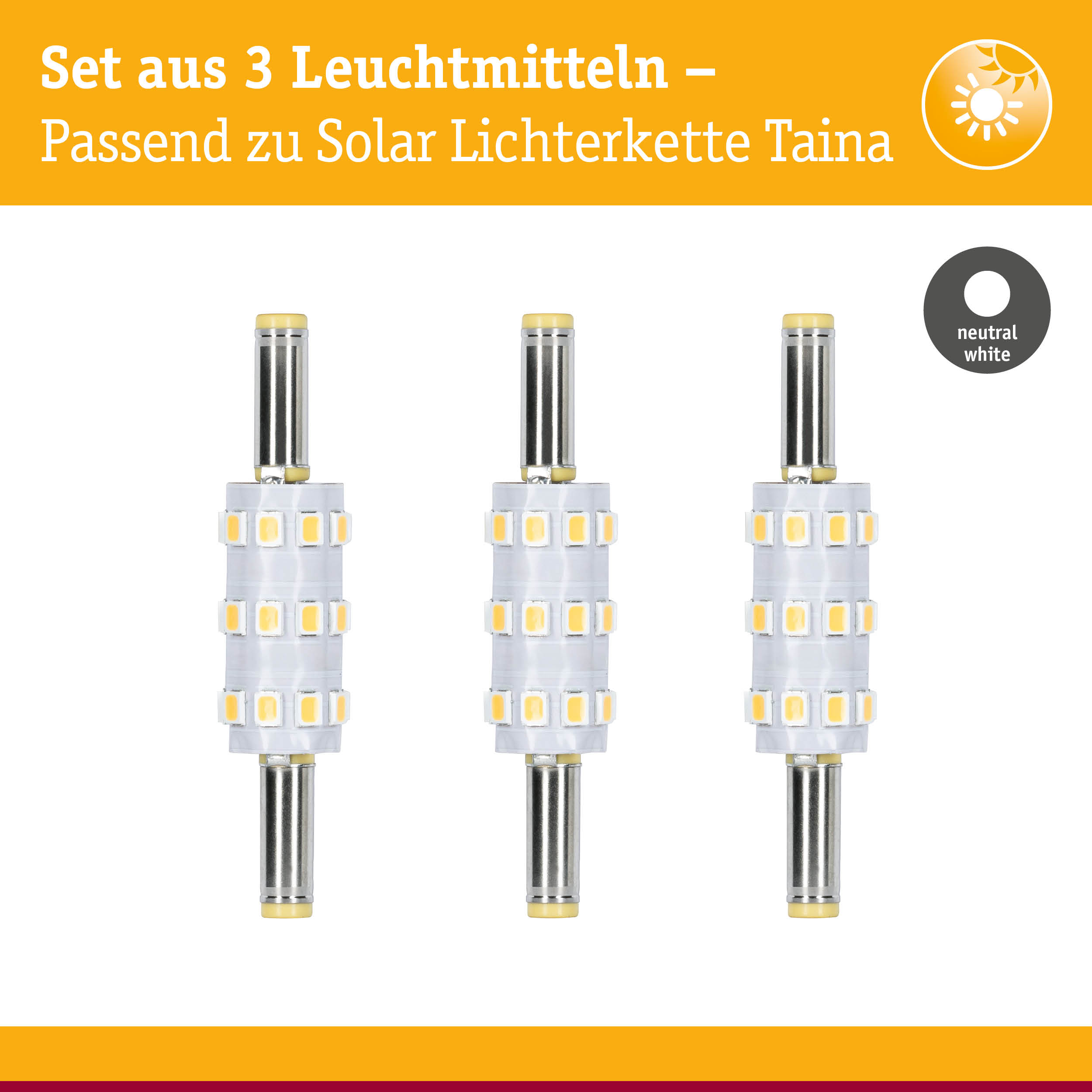 Set aus 3 LED-Leuchtmitteln in neutralweiß passend zur Solar Lichterkette Taina mit Metallkontakt