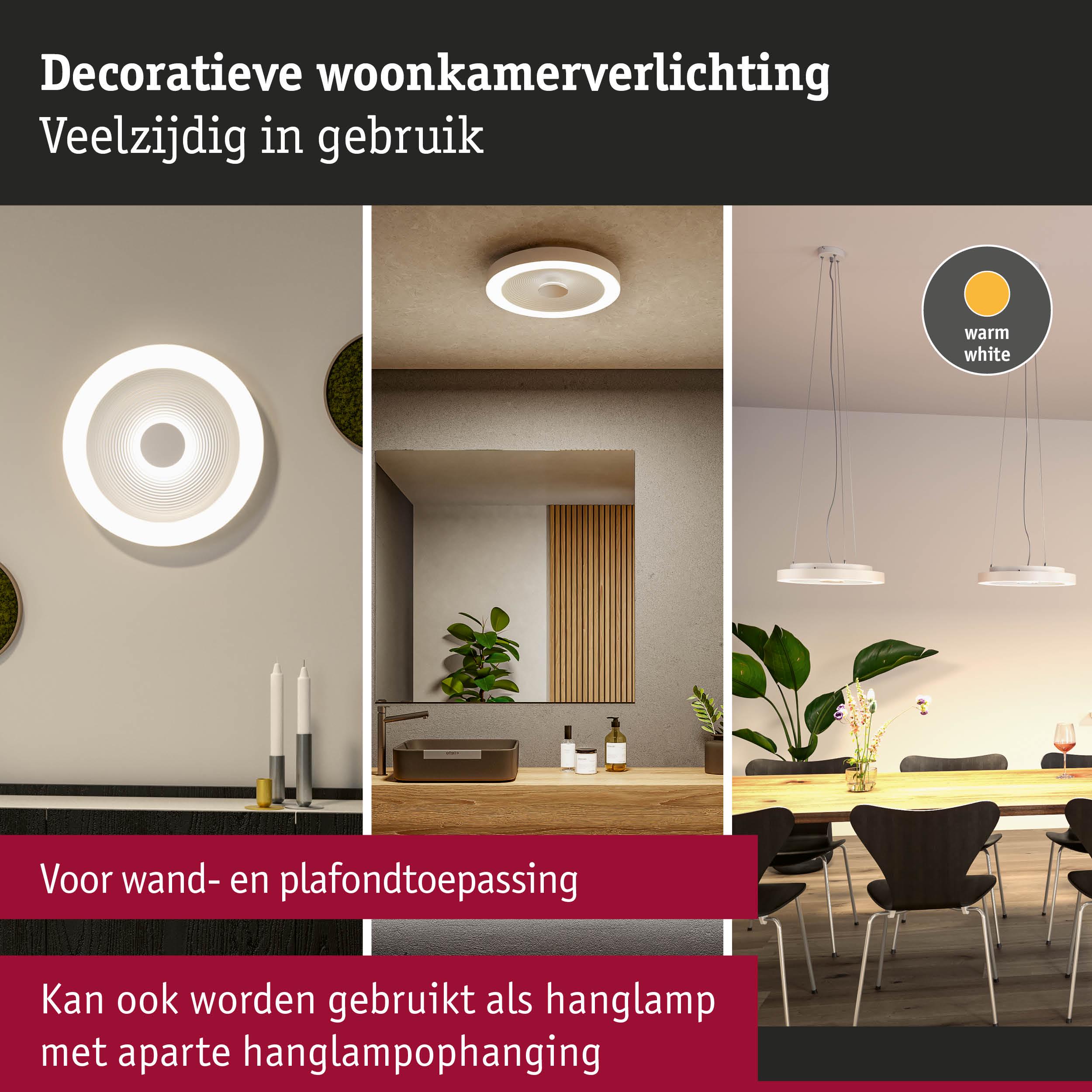 Moderne ronde witte woonkamerverlichting met warmwit licht, veelzijdig als wand-, plafond- of hanglamp.