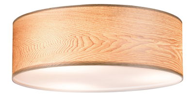 Plafonnier rond en bois clair avec diffuseur blanc pour une lumière d'ambiance chaleureuse