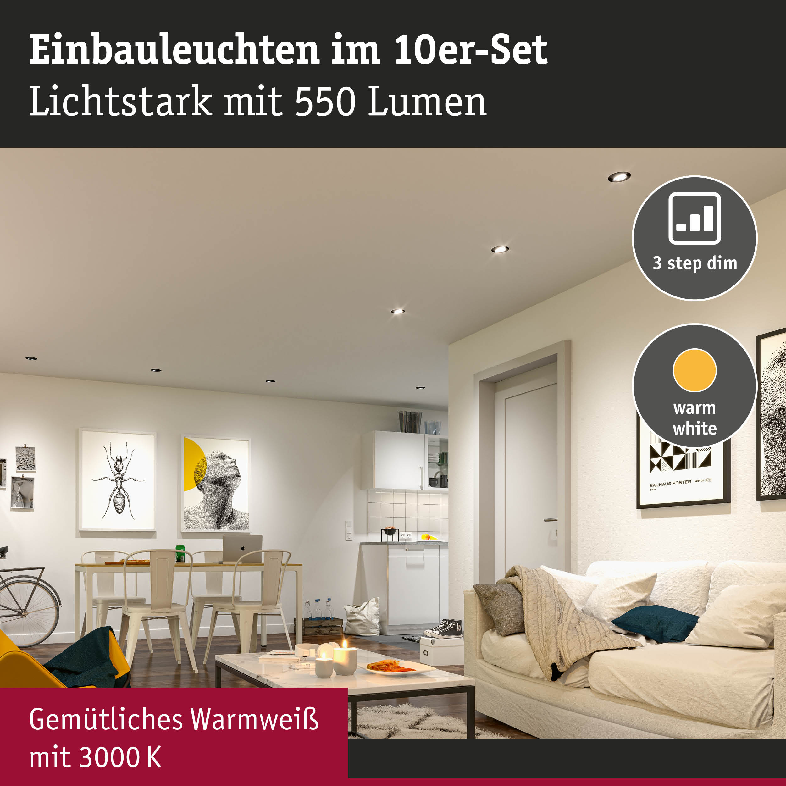 10er-Set Einbauleuchten mit 550 Lumen und warmweißem Licht 3000K für gemütliche Raumbeleuchtung