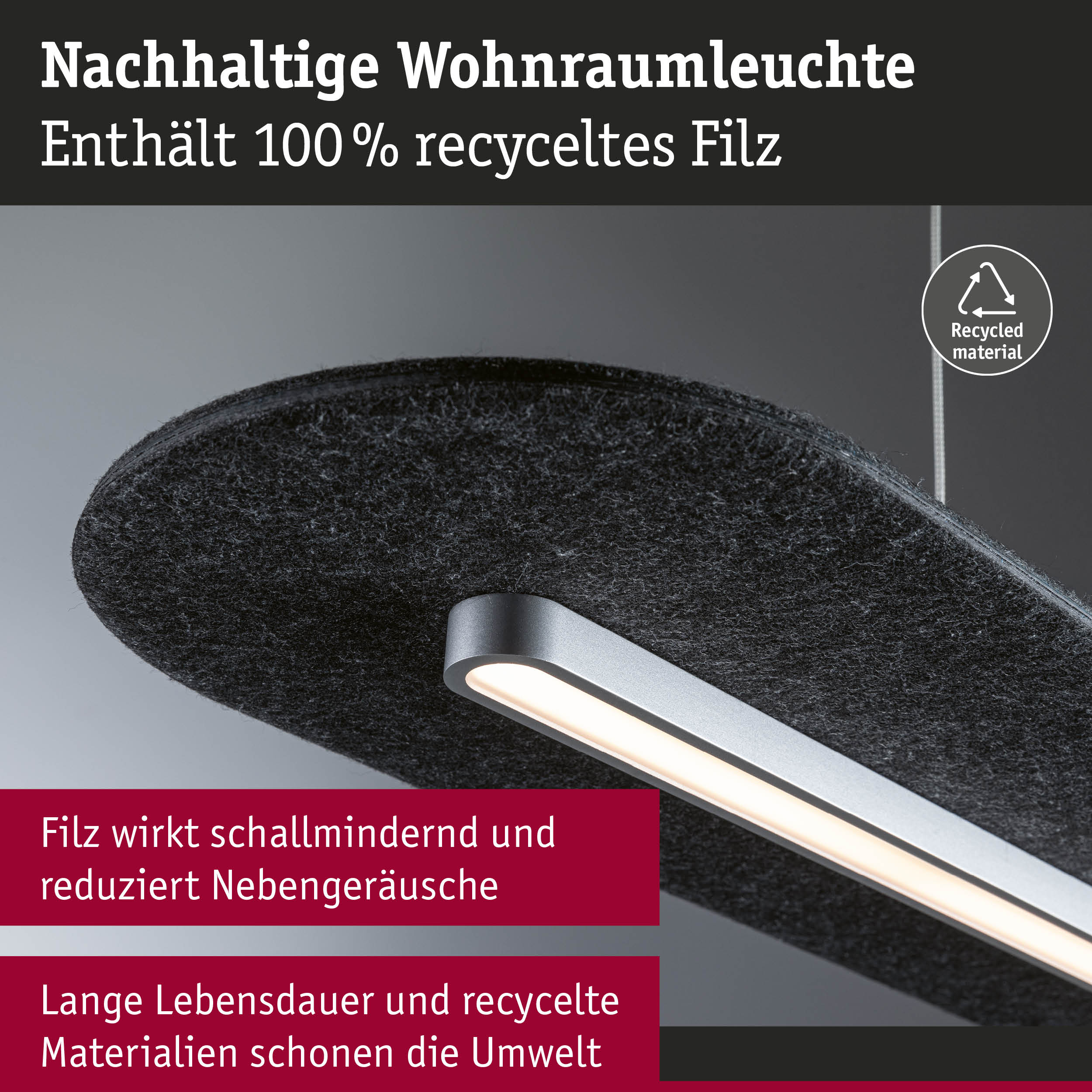 Nachhaltige Wohnraumleuchte mit schwarzem Filzschirm aus 100% recyceltem Material und LED-Licht