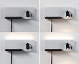 Moderne weiße Wandlampe mit schwarzem LED-Leselicht und Ablagefläche, dimmbares Design für Wohnräume