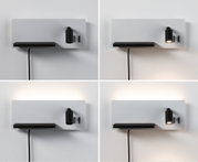 Moderne weiße Wandlampe mit schwarzem LED-Leselicht und Ablagefläche, dimmbares Design für Wohnräume