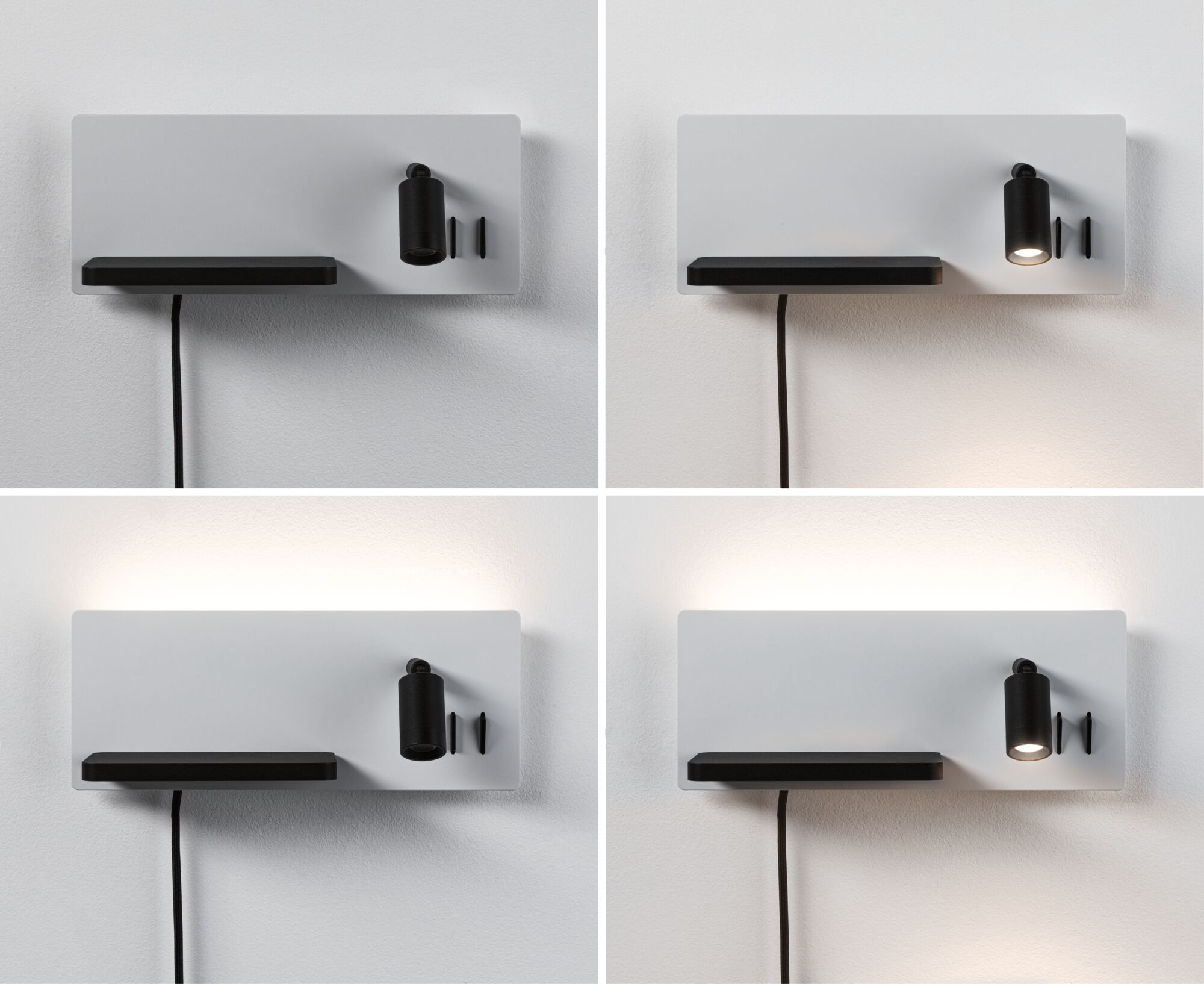 Moderne weiße Wandlampe mit schwarzem LED-Leselicht und Ablagefläche, dimmbares Design für Wohnräume
