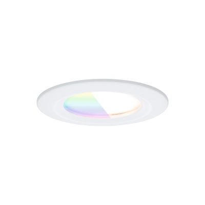 Round white LED recessed light with RGB color change and warm white light for living spaces