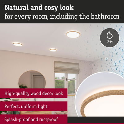 Round ceiling light with wood decor and uniform light, splash-proof and rustproof for bathroom use