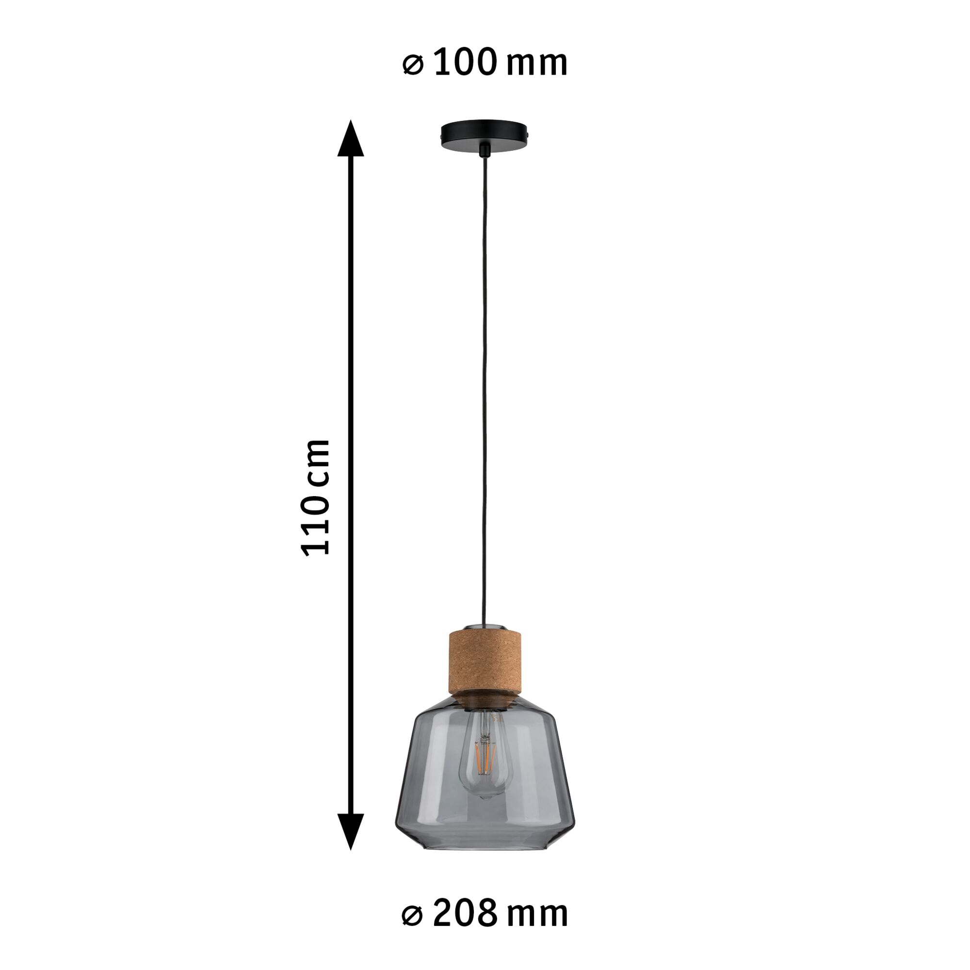 Hanglamp met grijs glas en kurkdetail, 110 cm lang, moderne woonverlichtingskap