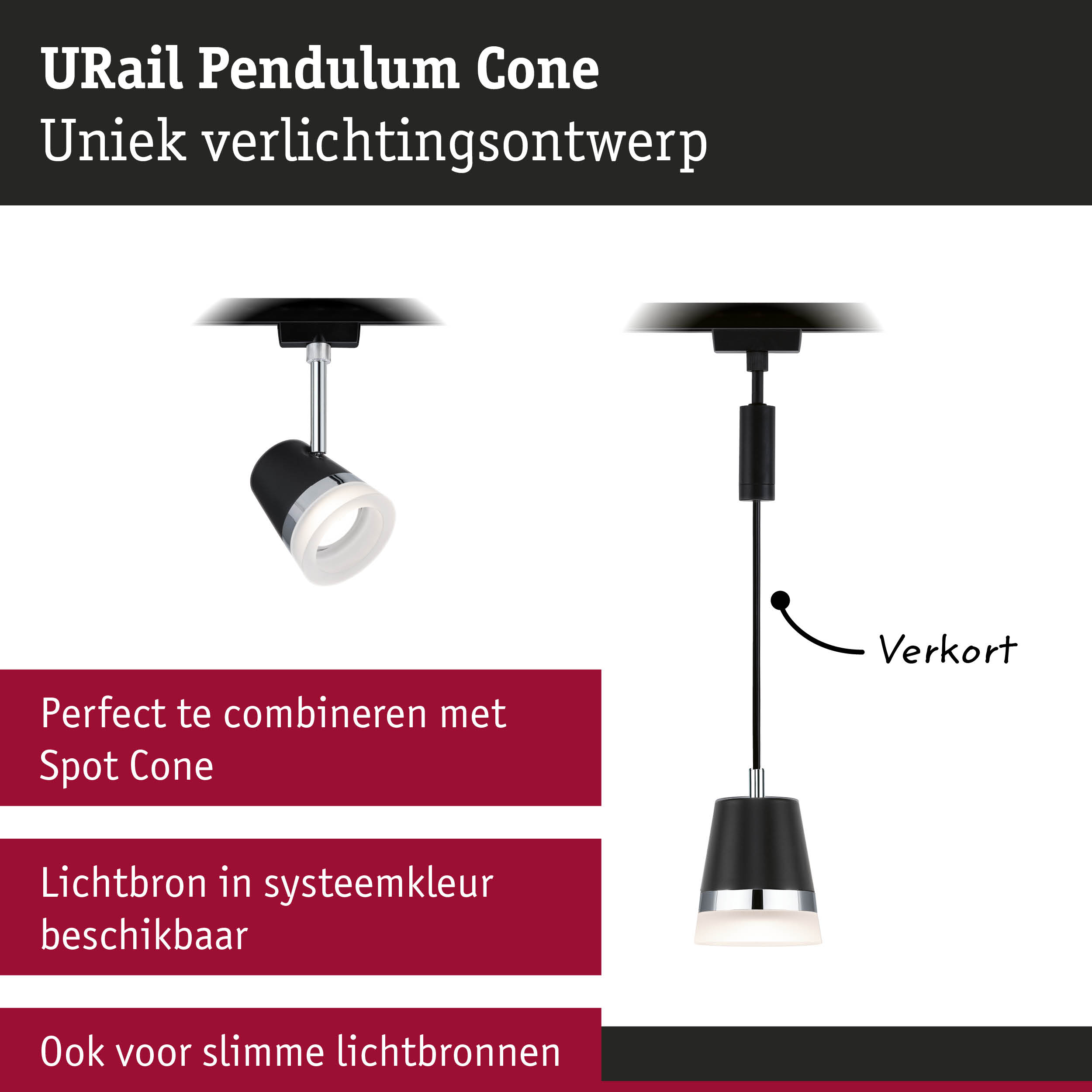 Zwarte URail Pendulum Cone lamp met verstelbare pendel en LED-lichtbron voor moderne verlichting