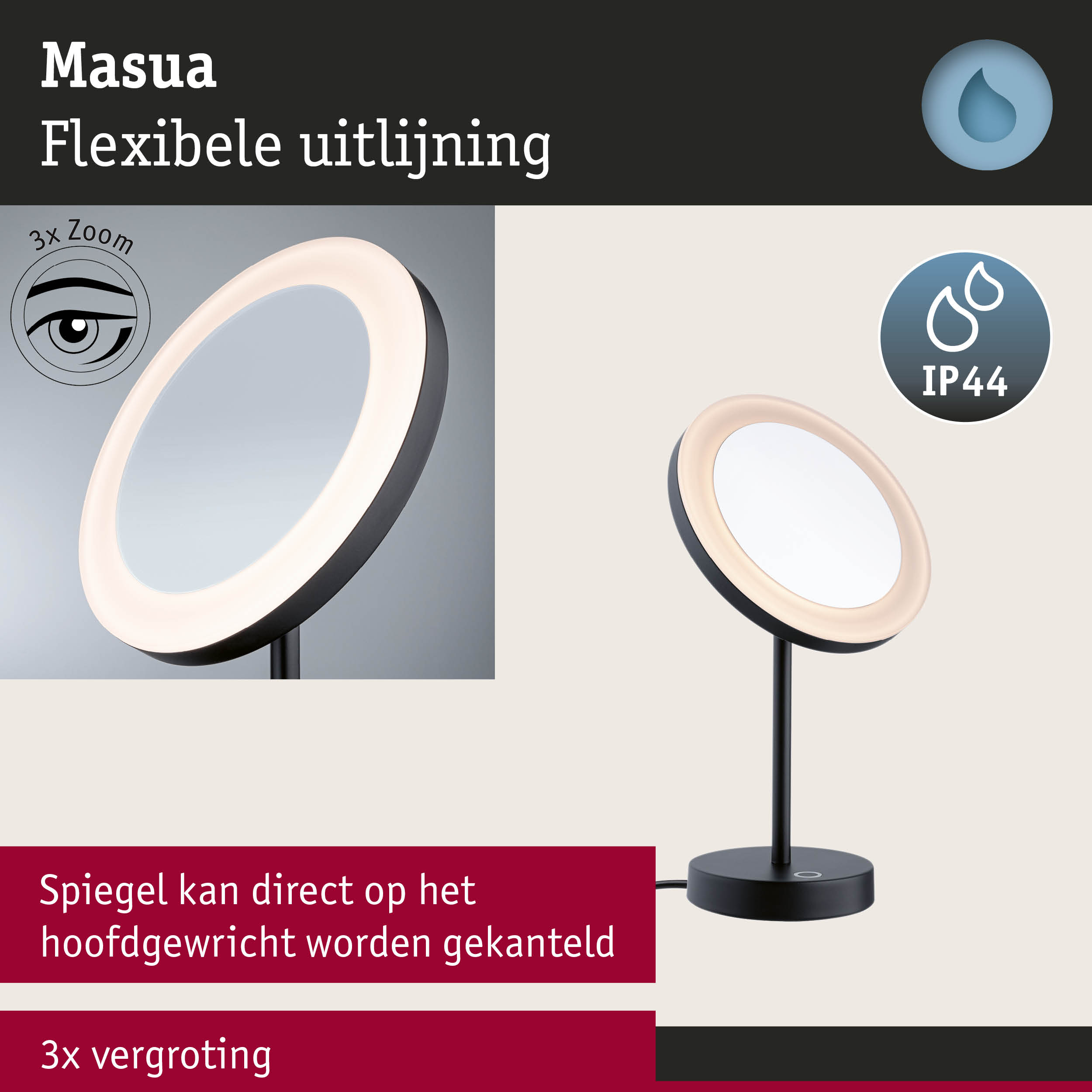Zwarte LED-tafelspiegel met flexibele kop en 3x vergroting, waterbestendig IP44 ontwerp