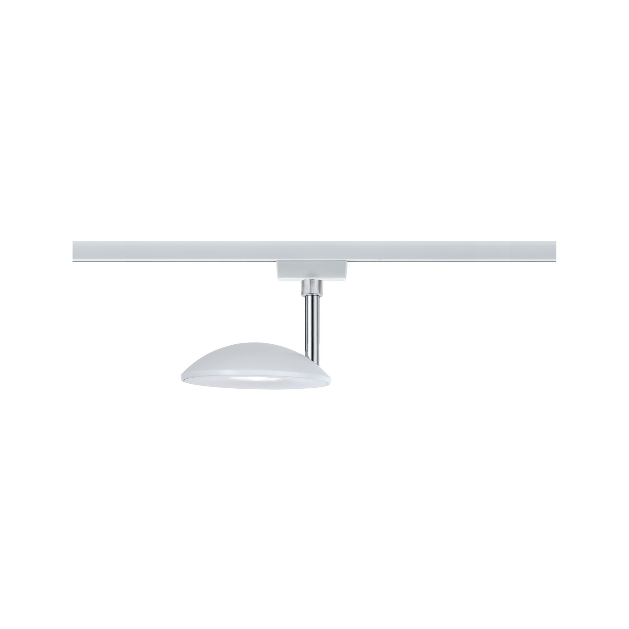 Modern white LED ceiling spotlight with chrome stem for track lighting in indoor spaces