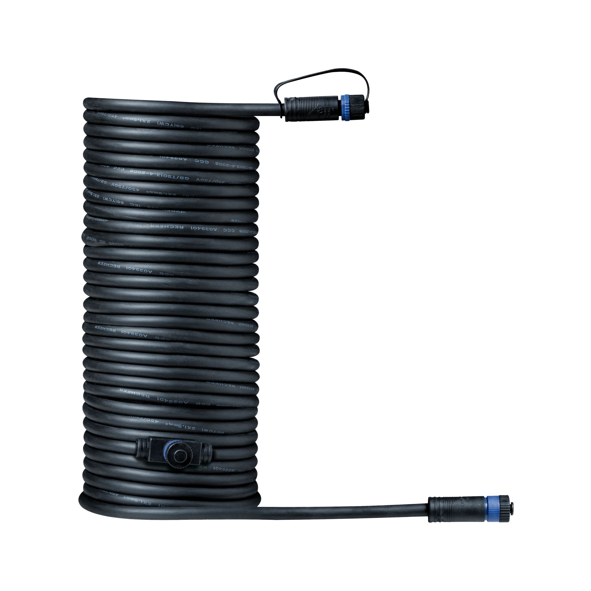 Long black rubber cable with two connectors and central port for lighting system connections