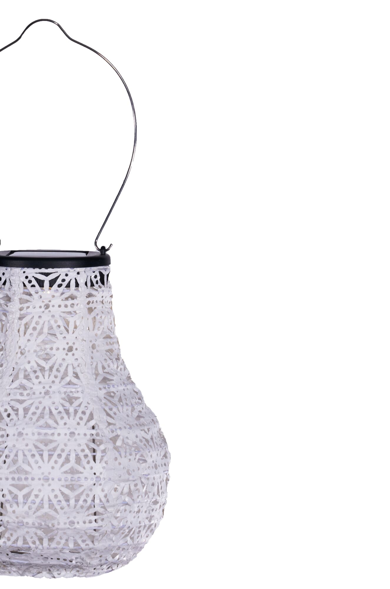 White solar hanging lamp made of plastic with delicate pattern and metal handle for outdoor lighting